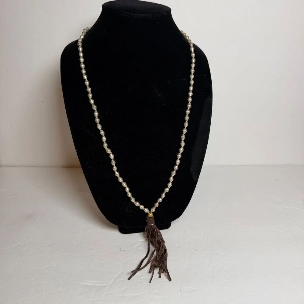 Silver Tone Beaded Necklace Brown Leather Tassel Boho Western No Clasp 32"